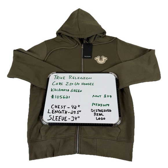 True Religion Core Zip Up Hoodie Men's Medium Kalamata Green Buddha New $119 - Picture 2 of 9